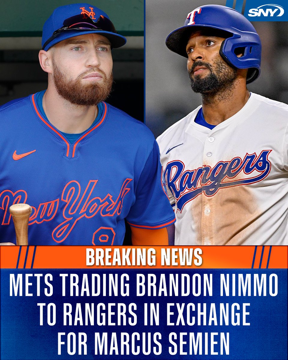 SNY_Mets's tweet image. 🚨 BREAKING 🚨

Per @JeffPassan, the Mets are trading Brandon Nimmo to the Rangers in exchange for Marcus Semien
