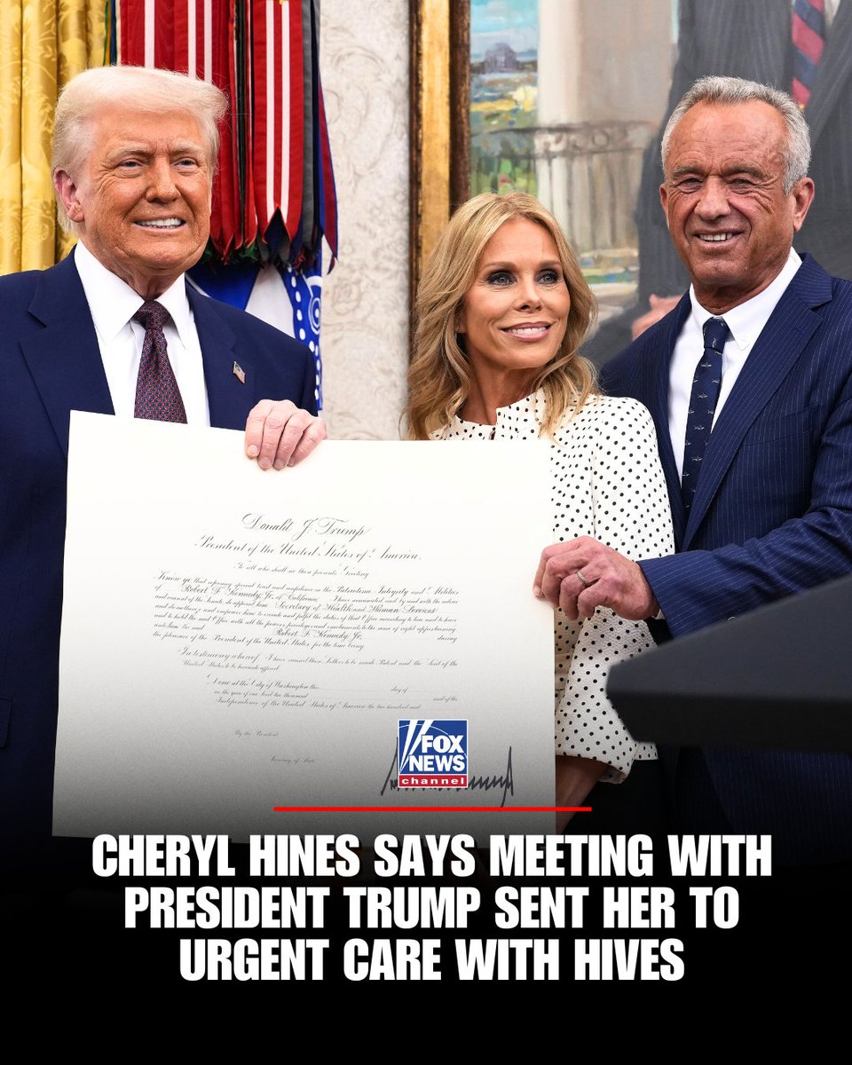 FoxNews's tweet photo. HEALTH SCARE: Cheryl Hines opens up about how a meeting with President Trump days after his assassination attempt sent her to urgent care.

She said her body “went into overdrive” and "broke out into hives" after seeing Trump’s bandaged ear as she realized how close he came to death — and how much danger her own husband, RFK Jr., could face after endorsing Trump.