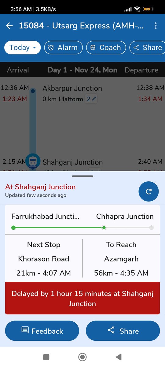 उत्सर्ग एक्सप्रेस (15084) शाहगंज जंक्शन पर पिछले डेढ़ घण्टे से घड़ी है। इस ट्रेन से काफ़ी लोग ऑफिस टाइम पर ड्यूटी जाते हैं। यह ट्रेन इतना लेट होगी तो कैसे चलेगा?
<a href="/AshwiniVaishnaw/">Ashwini Vaishnaw</a> <a href="/RailMinIndia/">Ministry of Railways</a> <a href="/WesternRly/">Western Railway</a> <a href="/Central_Railway/">Central Railway</a>