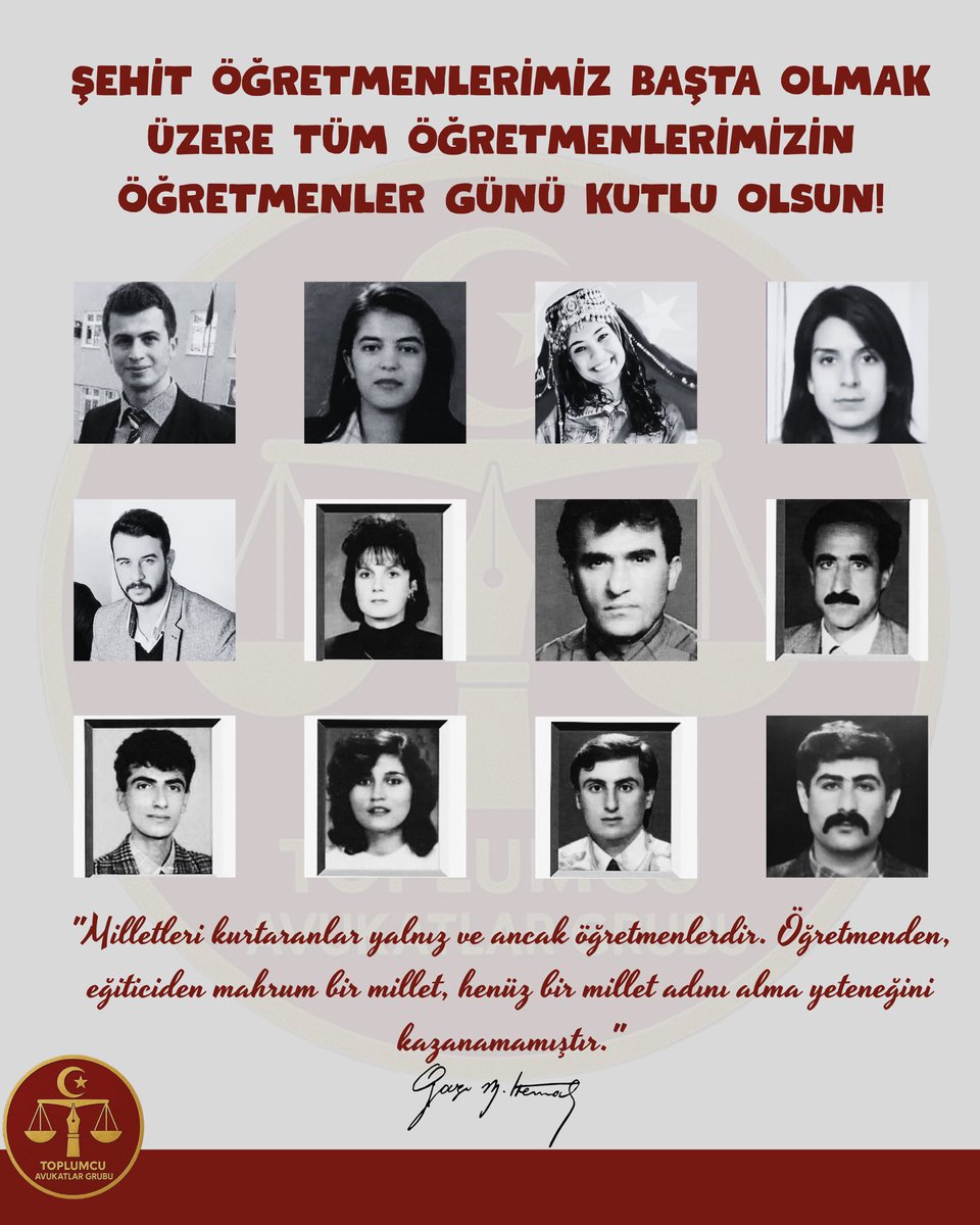 AvukatlarGrubu's tweet photo. Şehit öğretmenlerimiz başta olmak üzere tüm öğretmenlerimizin öğretmenler günü kutlu olsun!

#ToplumcuAvukatlarGrubu
#24Kasım https://t.co/TRI1TMFMH9