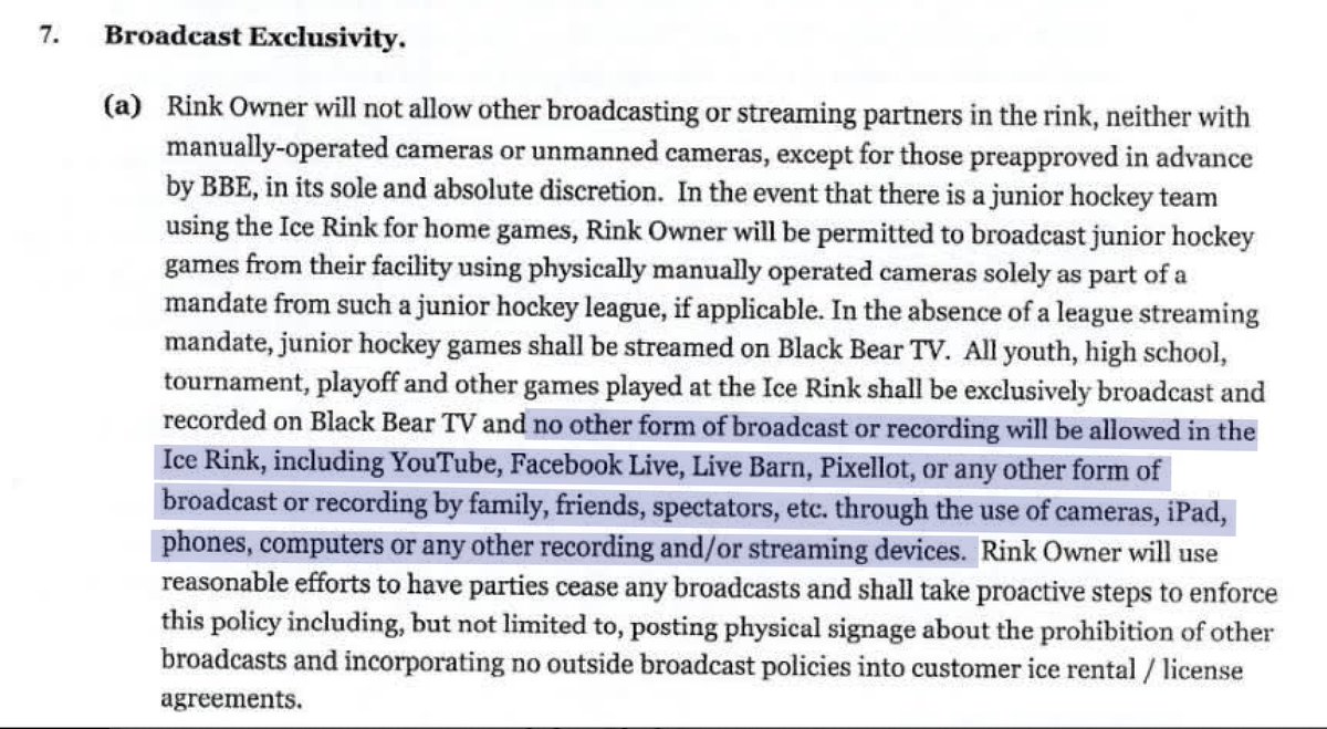 lukewgoldstein's tweet photo. NEW: last week, @LeverNews exposed the private equity firms paywalling youth sports + barring parents from recording their kids' games based on testimony from parents, staff, and a US Senator. 

When reached for comment beforehand, one of the companies involved, Black Bear Sports, did not dispute the existence of this policy. Since the piece ran, BB is now claiming their rules have been mischaracterized "online."

I've obtained a contract between Black Bear TV's streaming service and its affiliate ice hockey rinks. The language not only bans livestreaming of games but explicitly prohibits any "other form of broadcast or recording" from being "allowed in the Ice Rink...by family, friends, spectators, etc through the use of cameras, iPad, phones." The onus is on the rink operators to strictly enforce these rules.  

Attached below is Black Bear's statement, directly contradicted by their own contract terms: