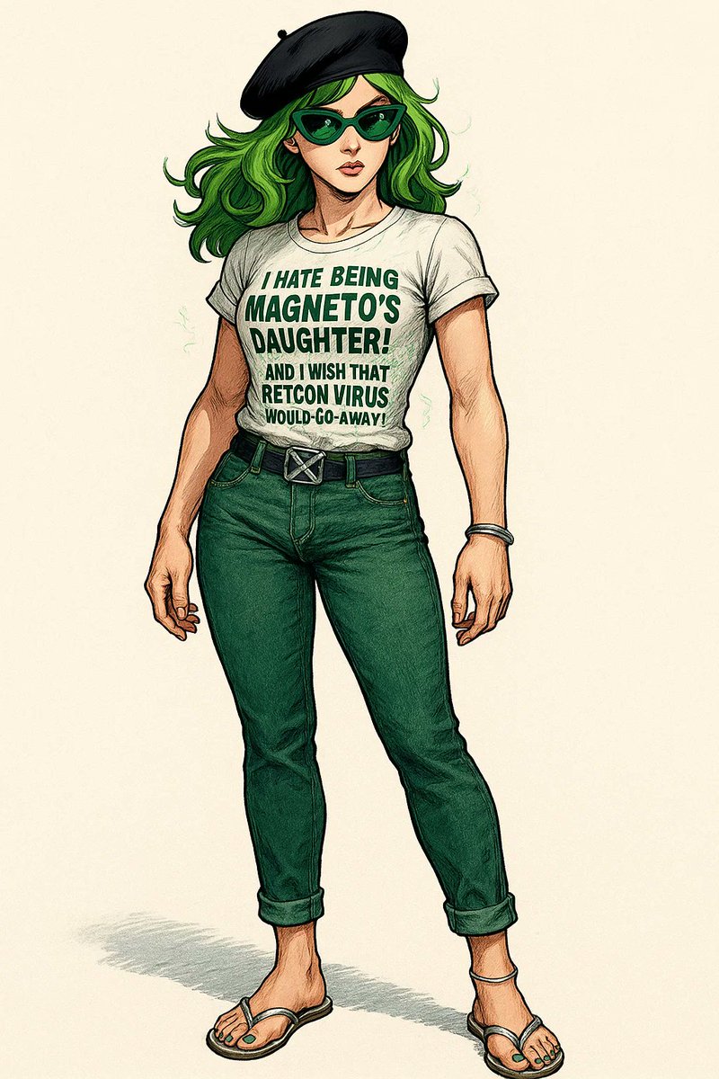megazero26's tweet photo. Here's my concept art of Lorna Dane wearing a casual outfit with a black beret hat, sunglasses and flip-flops that rejecting Magneto's control over her life and the retcon virus that made her his biological daughter
#lornadane #Polaris #xmen #xmenfanart #flipflops #sunglasses https://t.co/TUZUvQOhMn