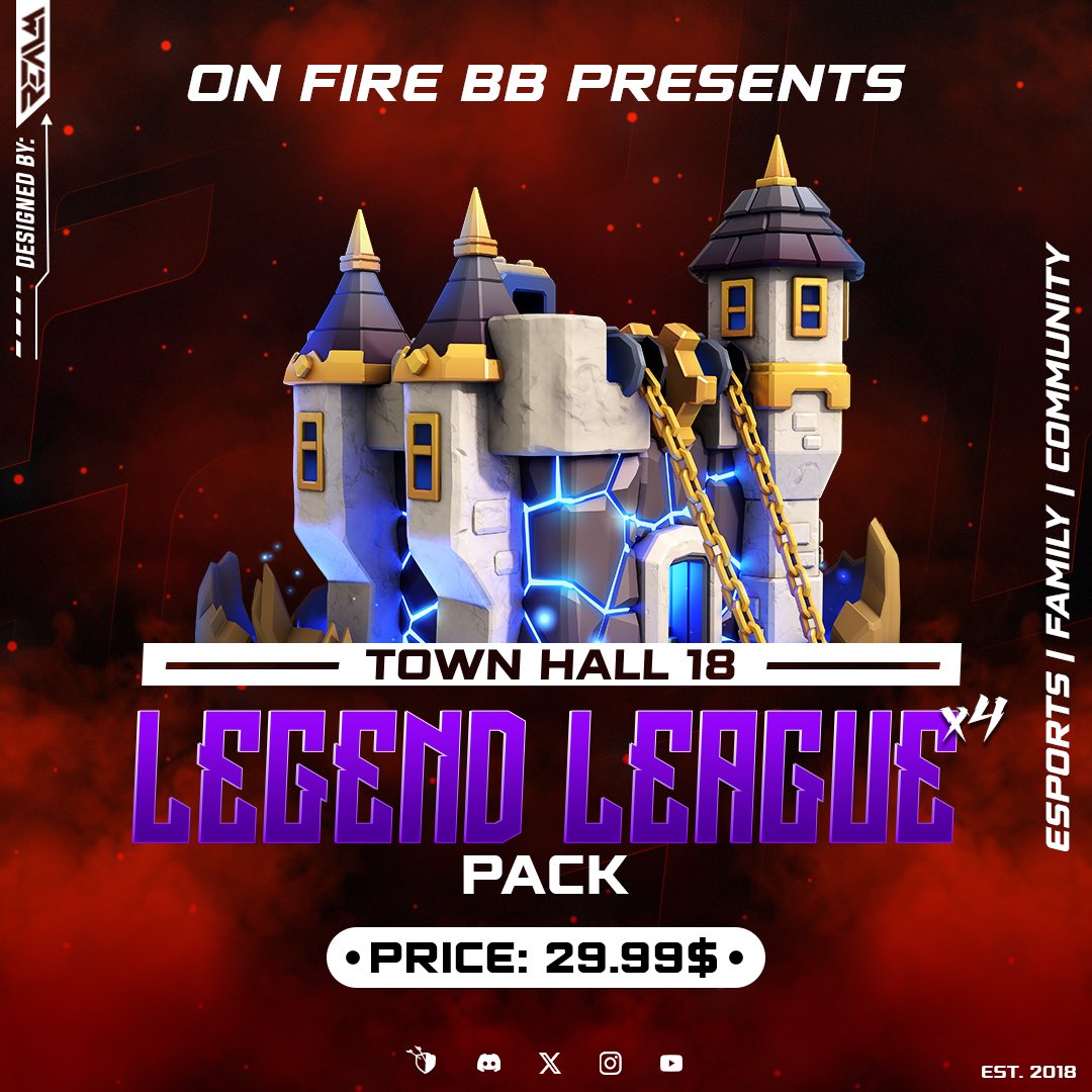 Our LL Pack for TH18 is out now! 

Meticulously crafted bases to aid your last days this season and next! 

Limited to 8 individuals! 

Order now -&gt; discord.gg/teamonfire
