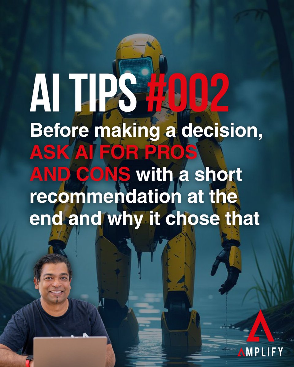 ronsley's tweet image. Ask ai for pros and cons, then a short recommendation with why. Use it for hires, tools, budgets, or travel. Try it and compare with your gut. 

Go to my website at amplifyais and check out my YouTube channel. 

#ai #aitips #decisionmaking #productivity #amplifyai