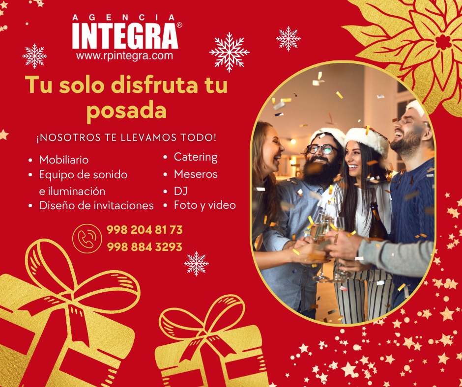 Tu solo disfruta tu posada
<a href="/rpintegra/">RP INTEGRA</a> te lleva todo
Mobiliario
Catering
equipo de sonido
iluminación
meseros
dj
diseño de invitaciones
foto y video
cotiza sin compromiso