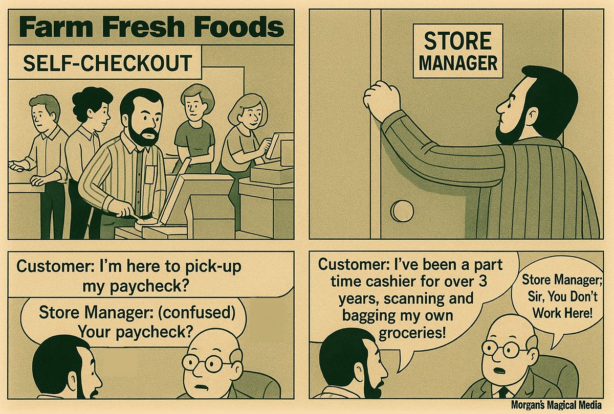 MorgansMagical2's tweet photo. At Farm Fresh Foods, we value initiative — especially when customers volunteer to scan and bag their own groceries for free!

Been scanning and bagging my own groceries for 3 years. Think it’s time for that raise.

#ModernEmployment
#BagThisJob
#ScanThis
#WorkingForFree
#MorgansMagicalMedia

https://t.co/Lrit2uNzl9