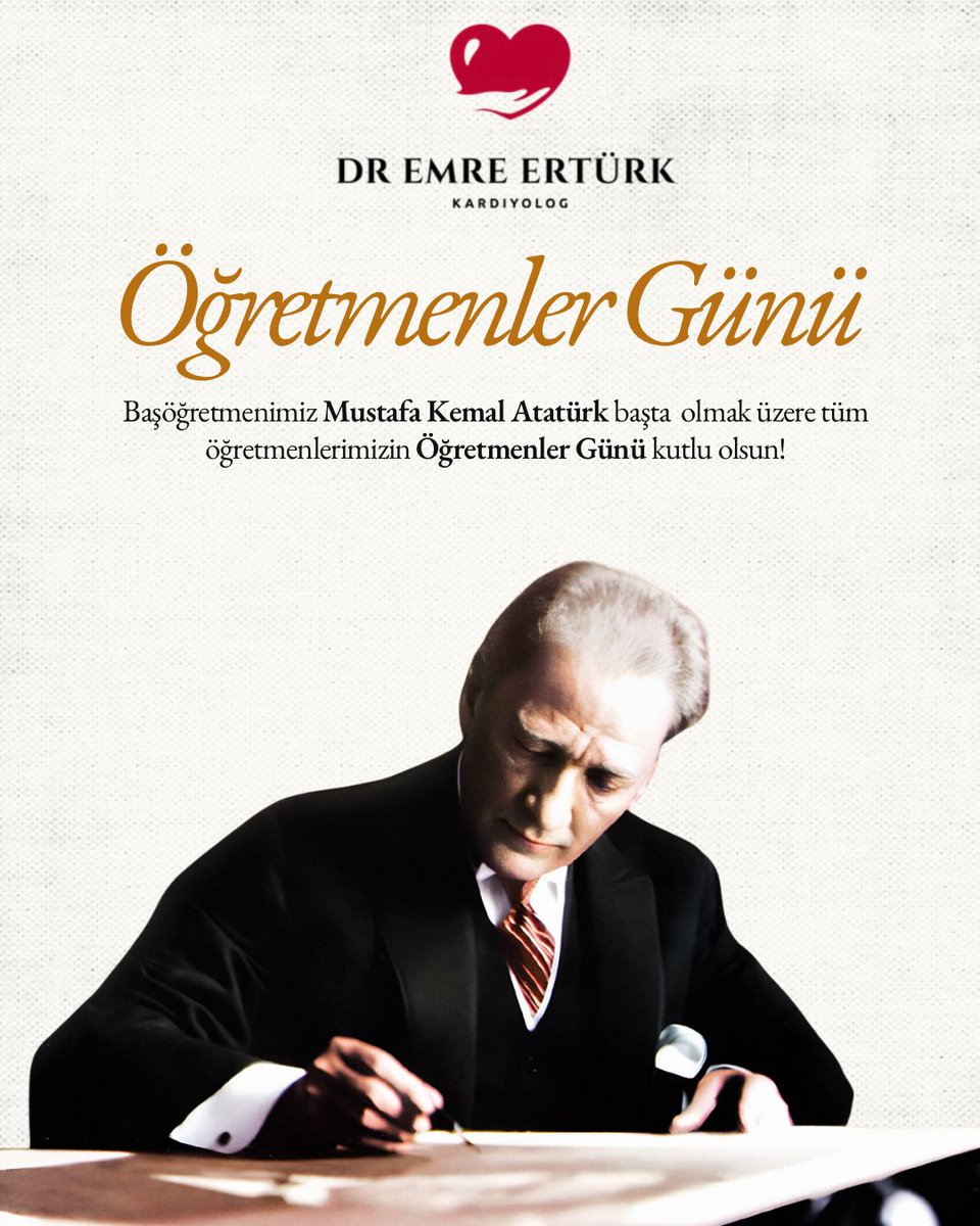 Başöğretmenimiz Gazi Mustafa Kemal Atatürk başta olmak üzere, bilgi, emek ve özverileriyle geleceğimizi şekillendiren tüm öğretmenlerimizin 24 Kasım Öğretmenler Günü kutlu olsun.

Dr. Emre Ertürk
Kardiyoloji Uzmanı
emreerturk.com.tr

#ÖğretmenlerGünü #24Kasım