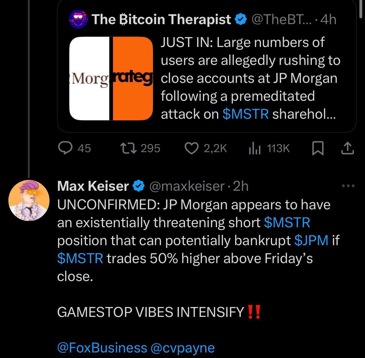 DownFinance's tweet image. 🔥 BREAKING DRAMA surrounding JP Morgan &amp;amp; MicroStrategy ($MSTR) 🔥

🚨 Max Keiser drops the next bombshell:

There are UNCONFIRMED rumors that JP Morgan allegedly holds a huge short position on $MSTR — so large that a +50% pump above Friday&apos;s closing price could cause existential…