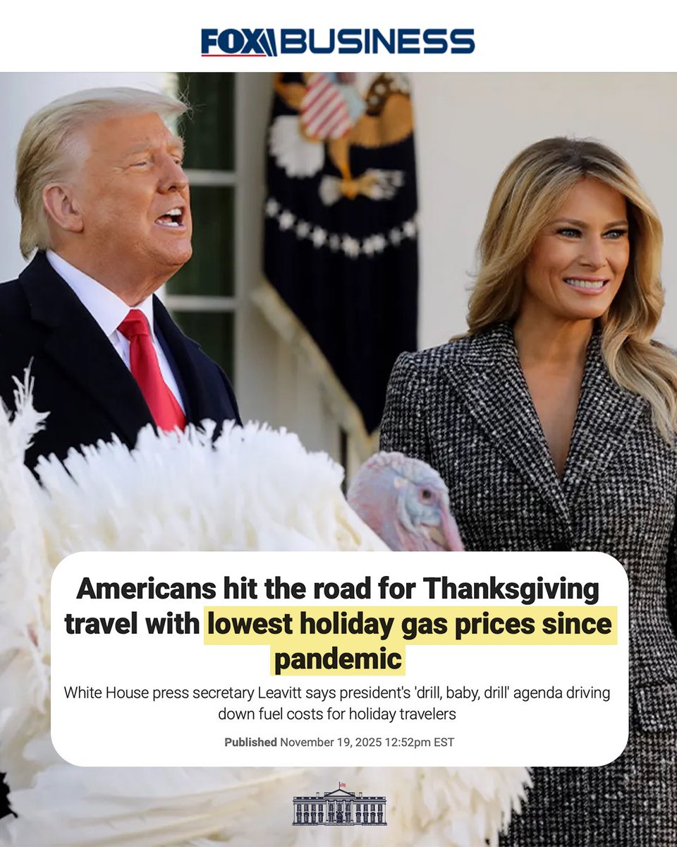 Americans are hitting the road this Thanksgiving with the LOWEST holiday gas prices since the pandemic. ⛽️🇺🇸