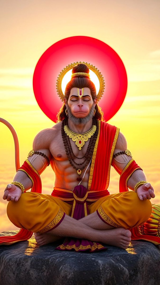 A divine depiction of Lord Hanuman in deep meditation, radiating strength, devotion, and serenity. clad in saffron attire with sacred ornaments, he sits in a yogic posture with closed eyes, symbolizing unwavering focus and spiritual power. the glowing aura behind him reflects