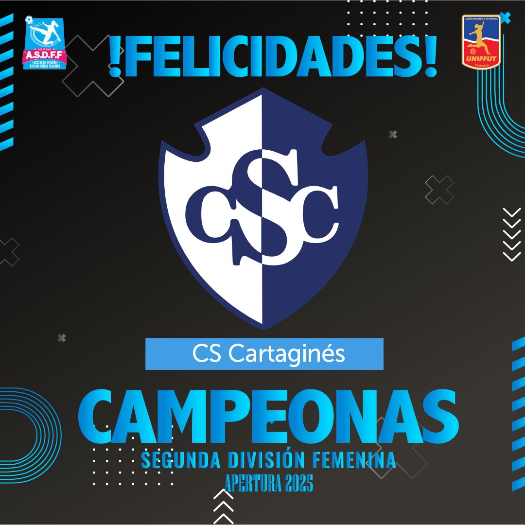 UniffutCR's tweet photo. ¡Felicidades CAMPEONAS!
Felicidades al CS Cartaginés que se coronan campeonas del Apertura 2025 del Torneo de Segunda División Nacional.
#uniffut #mismapasion #mismacancha #segundadivision https://t.co/yD9iLLYeFh