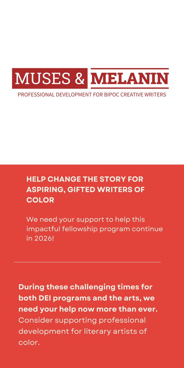HELP CHANGE THE STORY FOR ASPIRING, GIFTED WRITERS OF COLOR...

...during these challenging times for artists &amp; arts orgs. If you believe that BIPOC #creativewriters need targeted professional development, please support at gofundme.com/u/muses-melanin
#SmallBusiness #GivingTuesday