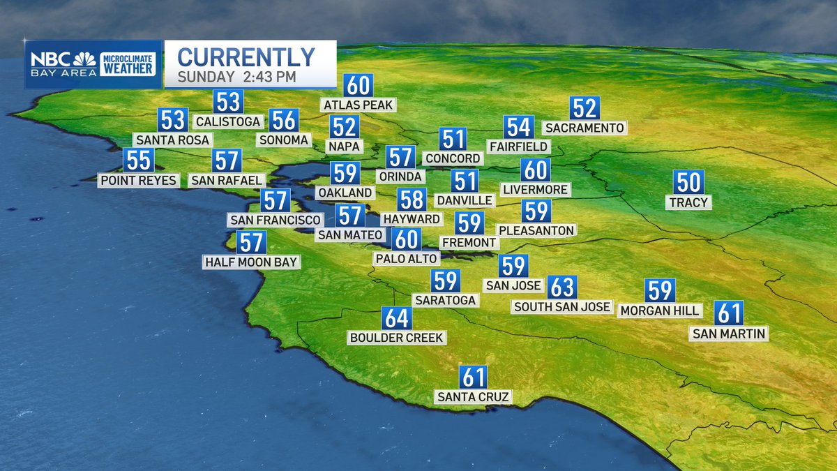 RobMayeda's tweet image. Also into fog-chilled day time highs season...inland East Bay and North Bay valleys are prone to this as fog lingers into the afternoon. Low 50s Napa, across inland Contra Costa County approaching 3pm. This pattern will likely stick around through Thanksgiving #CAwx 11/23/2025