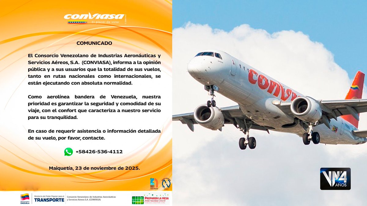 ✈️ ¡Absoluta normalidad! Conviasa confirma que todos sus vuelos nacionales e internacionales se ejecutan sin alteraciones

#السعوديه_اليابان #zelena #riyadh #helevier #zeudiners #linglingkwong #恋ムズ #恋ムズ #บอลไทย