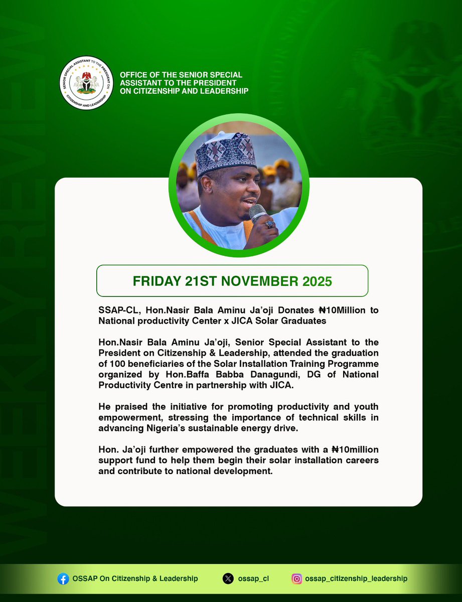 Weekly Review (16th – 21st November, 2025)

This week, the Senior Special Assistant to the President on Citizenship &amp; Leadership, Hon. Nasir Bala Aminu Ja’oji, engaged in key national activities promoting empowerment, productivity, and community development.
•Solar Empowerment