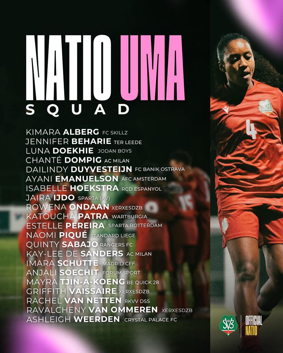 Esta es la lista de la selección femenina de Surinam que visitará Anguila y República Dominicana en los próximos días, por las eliminatorias al Campeonato de la Concacaf.
Lleva a sus mejores elementos, con la nueva inclusión de Luna Doekhi.