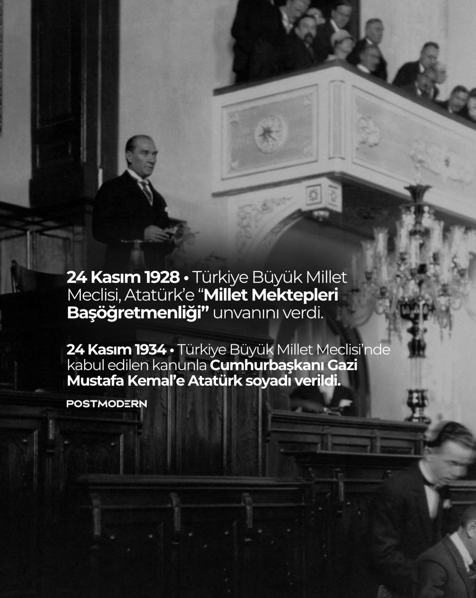 TARİHTE BUGÜN ✉️

24 Kasım 1928 • Türkiye Büyük Millet Meclisi, Atatürk’e “Millet Mektepleri Başöğretmenliği” unvanını verdi. 

24 Kasım 1934 • Türkiye Büyük Millet Meclisi’nde kabul edilen kanunla Cumhurbaşkanı Gazi Mustafa Kemal’e Atatürk soyadı verildi.