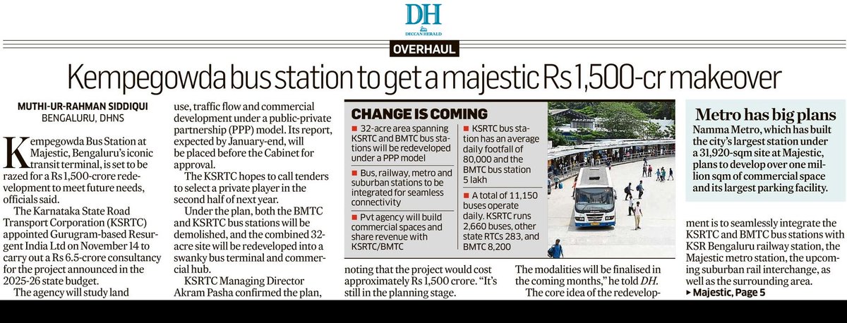 ever_pessimist's tweet image. #Bengaluru’s iconic Majestic bus terminal 🚌 will be demolished &amp;amp; rebuilt as a 32-acre, ₹1,500cr PPP transit-cum-commercial hub.

@KSRTC_Journeys has hired a Gurgaon firm for a ₹6.5cr consultancy study.

The hub will integrate 🚌🚆🚇🚈 — bus, rail, metro &amp;amp; suburban rail.