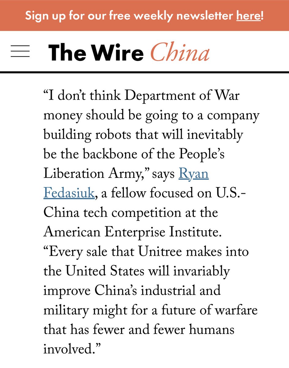 Great story in <a href="/thewirechina/">The Wire China</a> tonight profiling <a href="/UnitreeRobotics/">Unitree</a> and the rise of China’s robotics industry.

Unitree’s bots are now so popular and inexpensive that even <a href="/DeptofWar/">Department of War 🇺🇸</a> researchers are using them.

Maybe worth looking into, <a href="/PeteHegseth/">Pete Hegseth</a> &amp; <a href="/ElbridgeColby/">Elbridge Colby</a>.
