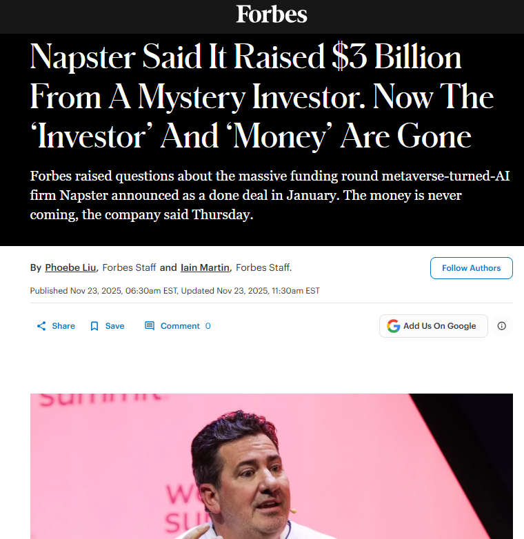 KnowNothingCap's tweet photo. The saga of Infinite Reality/Napster continues. 

 A company with a claimed $15B valuation that doesnt seem to do much and keeps promising buyouts or IPOs that never happen. 

One of the more underrated and insane stories out there https://t.co/I9xEjUQzeD