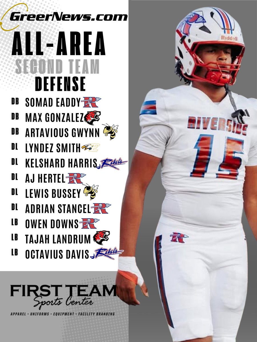 GreerNewsSports's tweet image. GreerNews.com 2025 ALL-AREA FOOTBALL TEAMS &amp;amp; AWARDS 🏈🏆

Presented by First Team Sports

ALL-AREA SECOND TEAM - DEFENSE