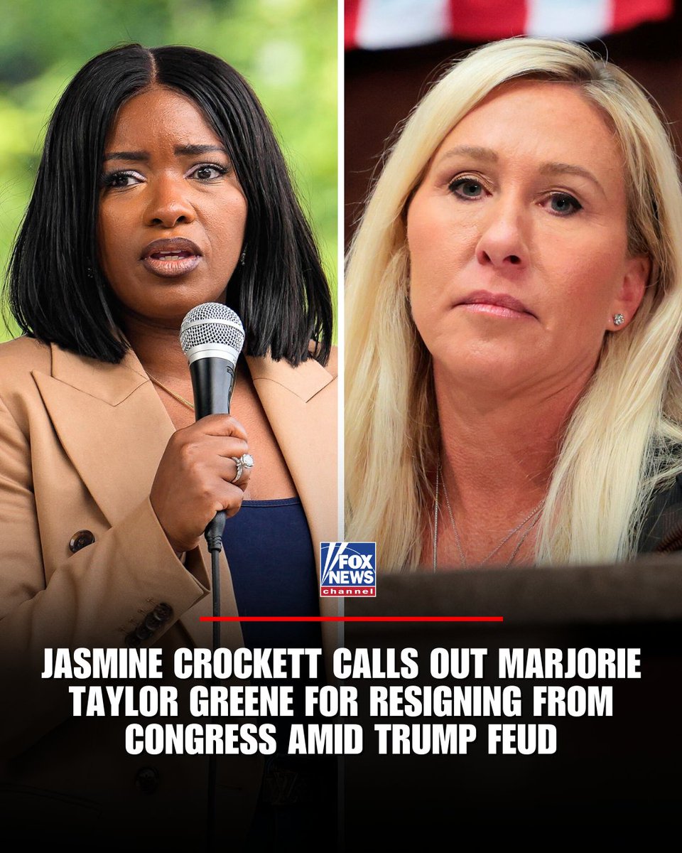 FoxNews's tweet photo. 'CAN'T TAKE THE HEAT': Rep. Jasmine Crockett criticized Rep. Marjorie Taylor Greene’s decision to resign from Congress, slamming her Republican colleague for quitting after Trump withdrew his endorsement and called her a "ranting lunatic.” https://t.co/ZoMgTUgCeX