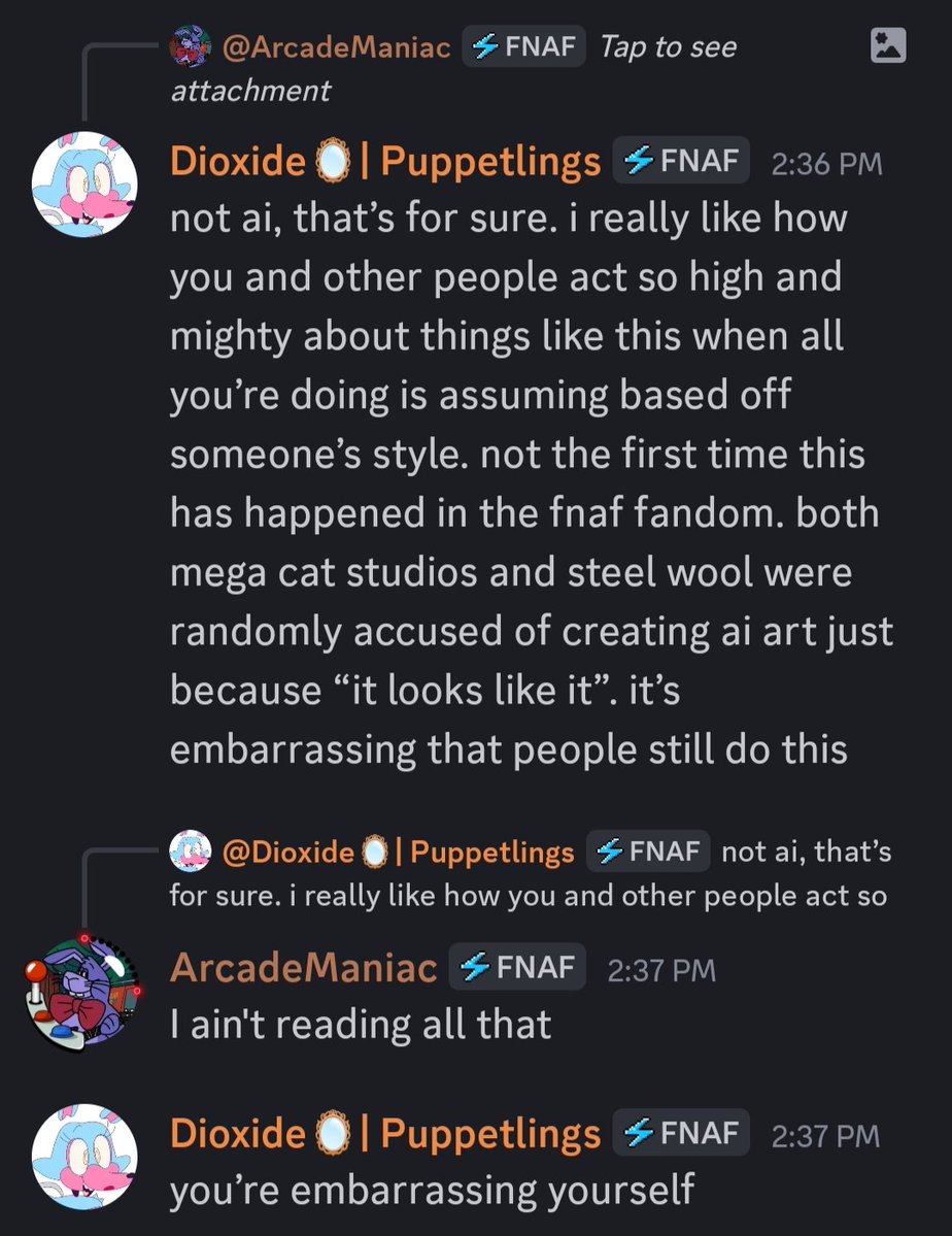 agony_addict's tweet image. Also update of something Entom related:

The concept of being known as the &quot;Scott Cawthon lied to you&quot; person and having the shamelessness to tell somebody they&apos;re embarassing themself over not liking obviously ai art