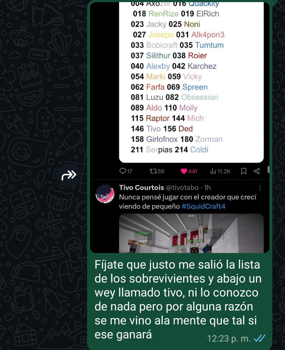 Kairinvt_'s tweet photo. Yo solo estaba jugando con mi imaginación y que le atino 💀
En la mañana me salió una lista de los participantes vivos y justo se me hizo curioso ver el nombre de tuvo y un Twitt de el abajo, pensé "Es una señal esque el va ganar" (ni lo conocía) @tivotabo #squidcraftgames #SCG4 https://t.co/82RLQ3Vucc