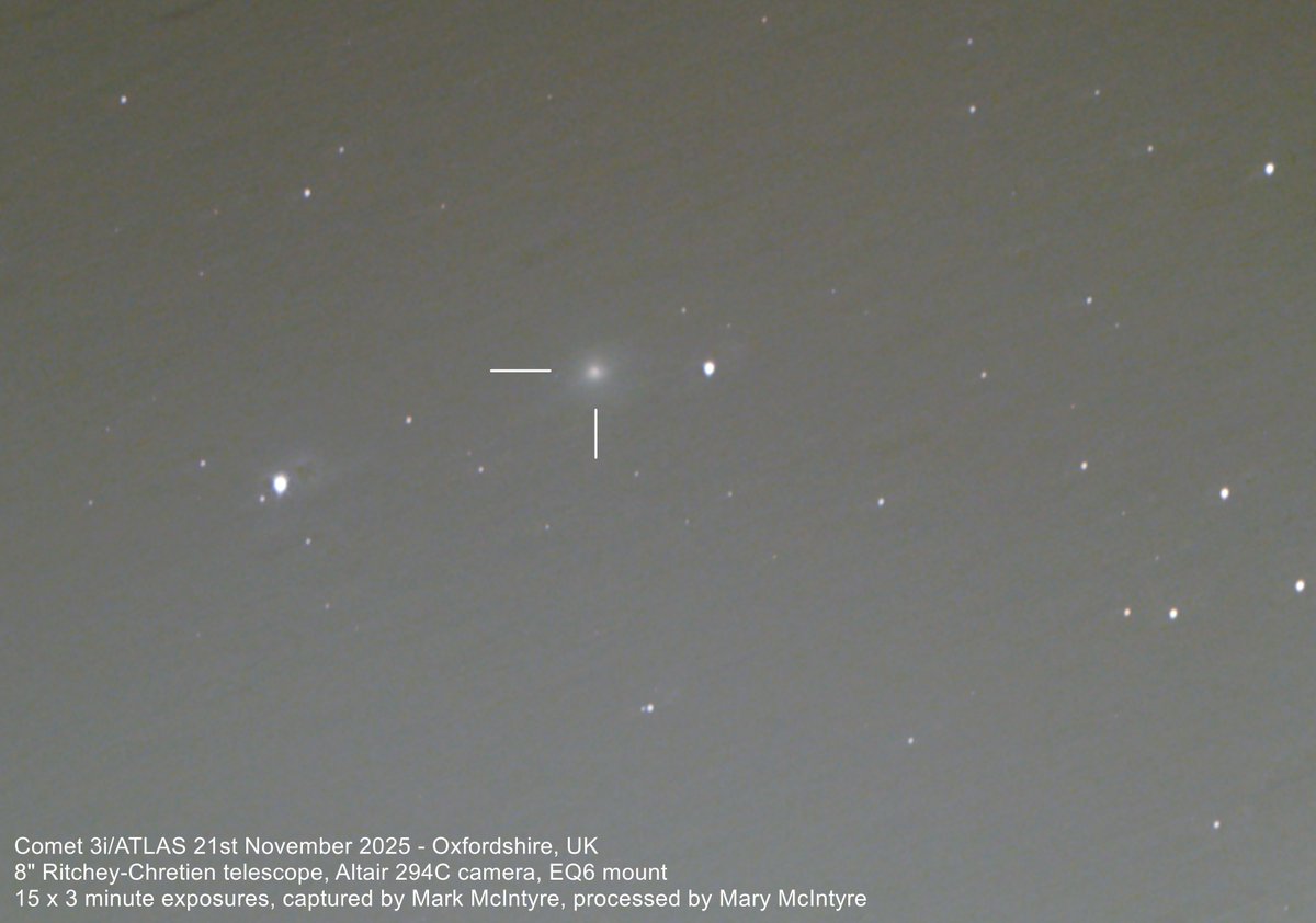 Spicey_Spiney's tweet image. #InterstellarComet #3IATLAS from Oxfordshire, UK 21 Nov &apos;25. 8&quot; Ritchey-Chretien telescope, Altair Hypercam 294C, 15x3 mins stacked on both the stars and the comet. #Comet #3I #Comet3IATLAS