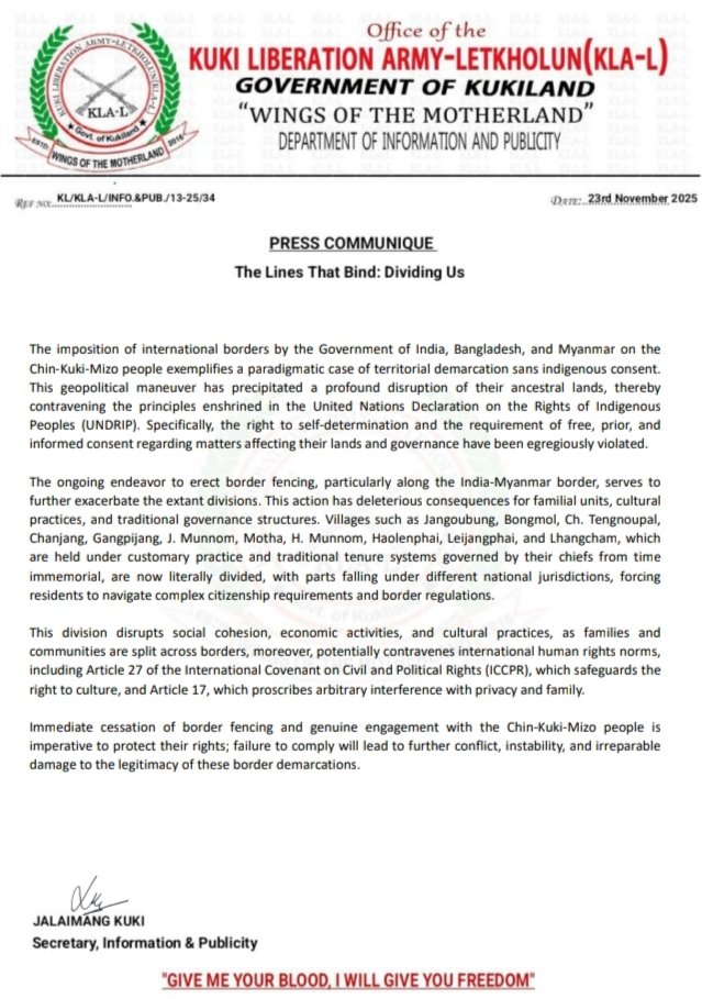 KukilandM77127's tweet image. KLA-L PRESS COMMUNIQUE: "The Lines That Bind: Dividing Us" highlights how international borders imposed by India, Bangladesh &amp;amp; Myanmar gravely violate Kuki people's rights, disrupt their culture &amp;amp; split communities, demanding immediate attention &amp;amp; action.