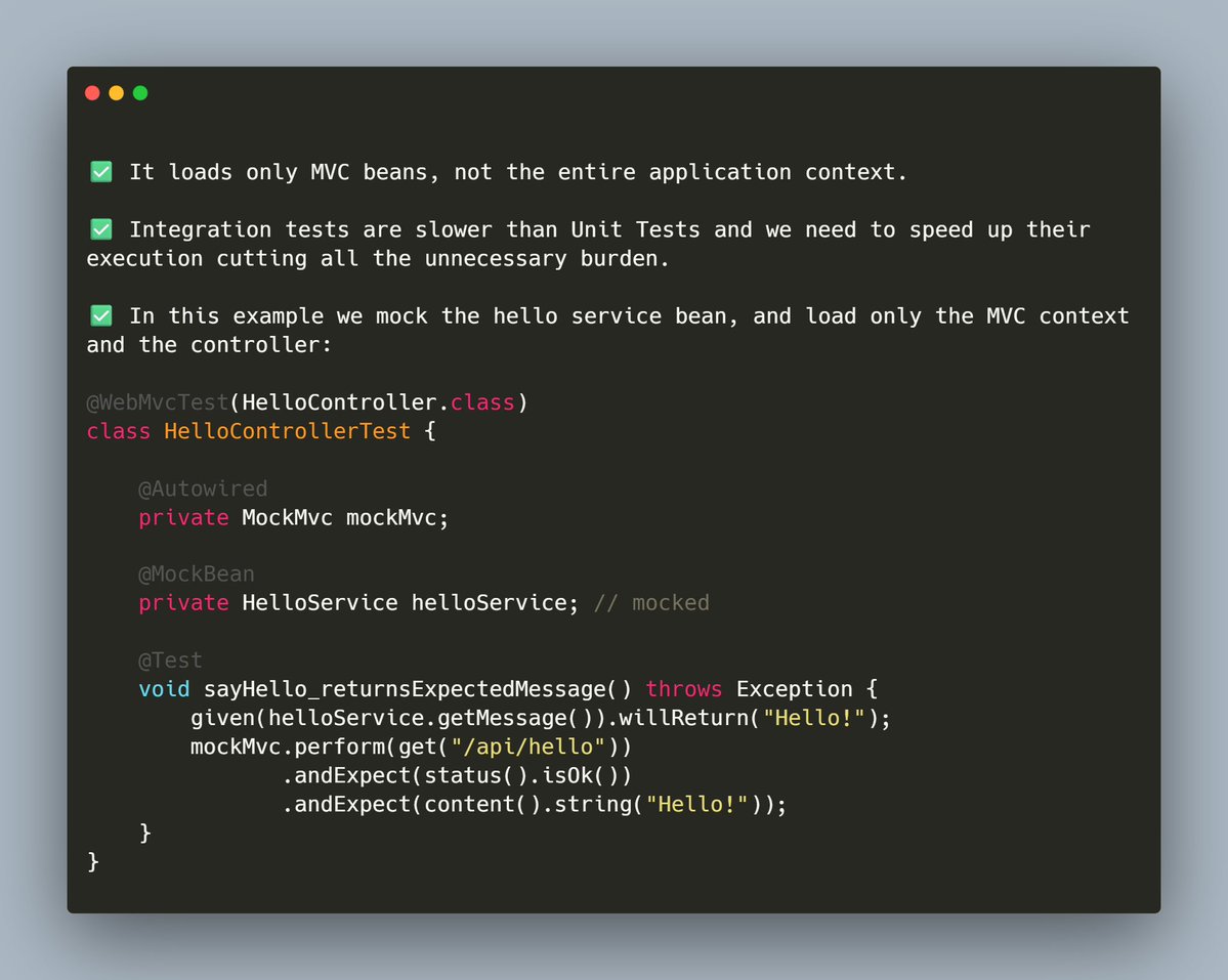 mario_casari's tweet image. 💡Spring Boot tip: If you need to implement integrations tests for Spring MVC controllers, and mock everything else, use @WebMvcTest to load only MVC-related beans.
#SpringBoot #JavaDev