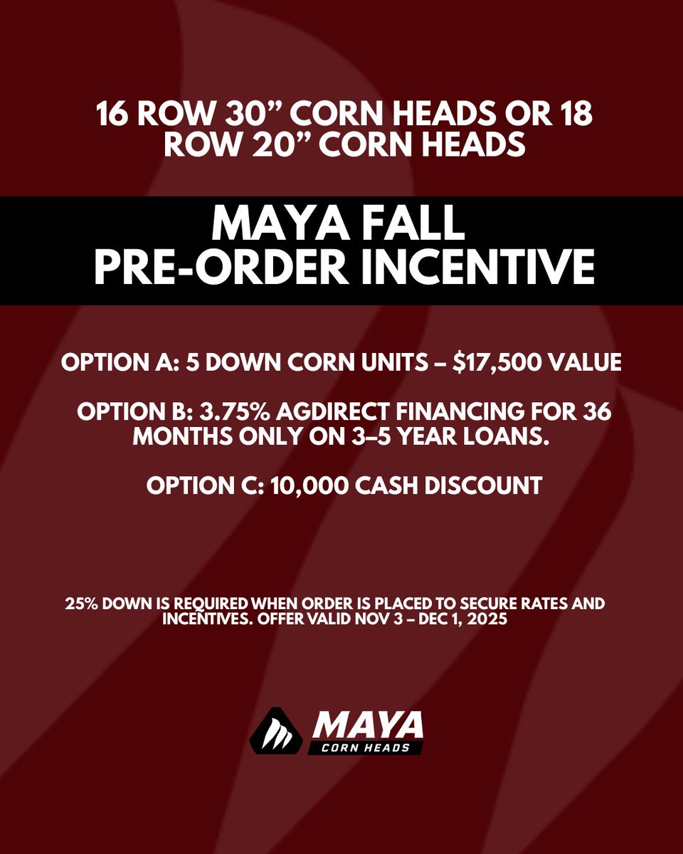Harvest 2026 starts NOW! 🚜💨

Secure your Maya corn head before production fills up:
🔹 Cash discounts
🔹 Financing options
🔹 Down corn units

Built for farmers who run hard and expect more.
Pre-order today and be ready to dominate next season!

#MayaEquipment #CornHeads