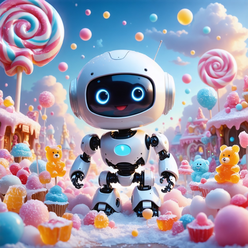 xx_minds's tweet image. A cheerful robot frolicking in a candy wonderland with swirling lollipops, giant gummy bears, and cotton candy clouds in the sky. #ai #aiart #generativeart
