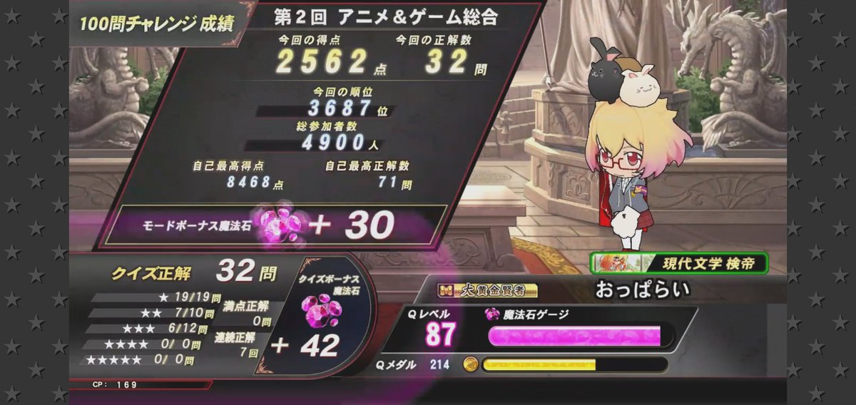 5問目ずつ、一度も見たことのないアニメの主題歌の線結びが来て間違えて回復できずにコレ 