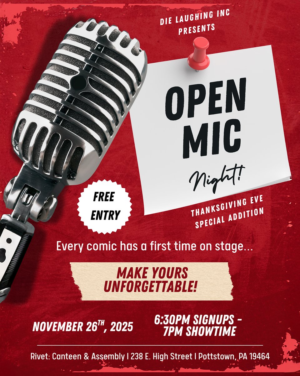 THIS WEDNESDAY: Before the big family feast, share some laughs at Rivet on November 26th with a FREE comedy show from <a href="/DieLaughingOrg/">DIE LAUGHING , inc</a>! Enjoy drinks at the bar while a variety of local comedians take the stage. Show starts at 7:00 PM.

🦃 Reserve your spot: eventbrite.com/e/thanksgiving…