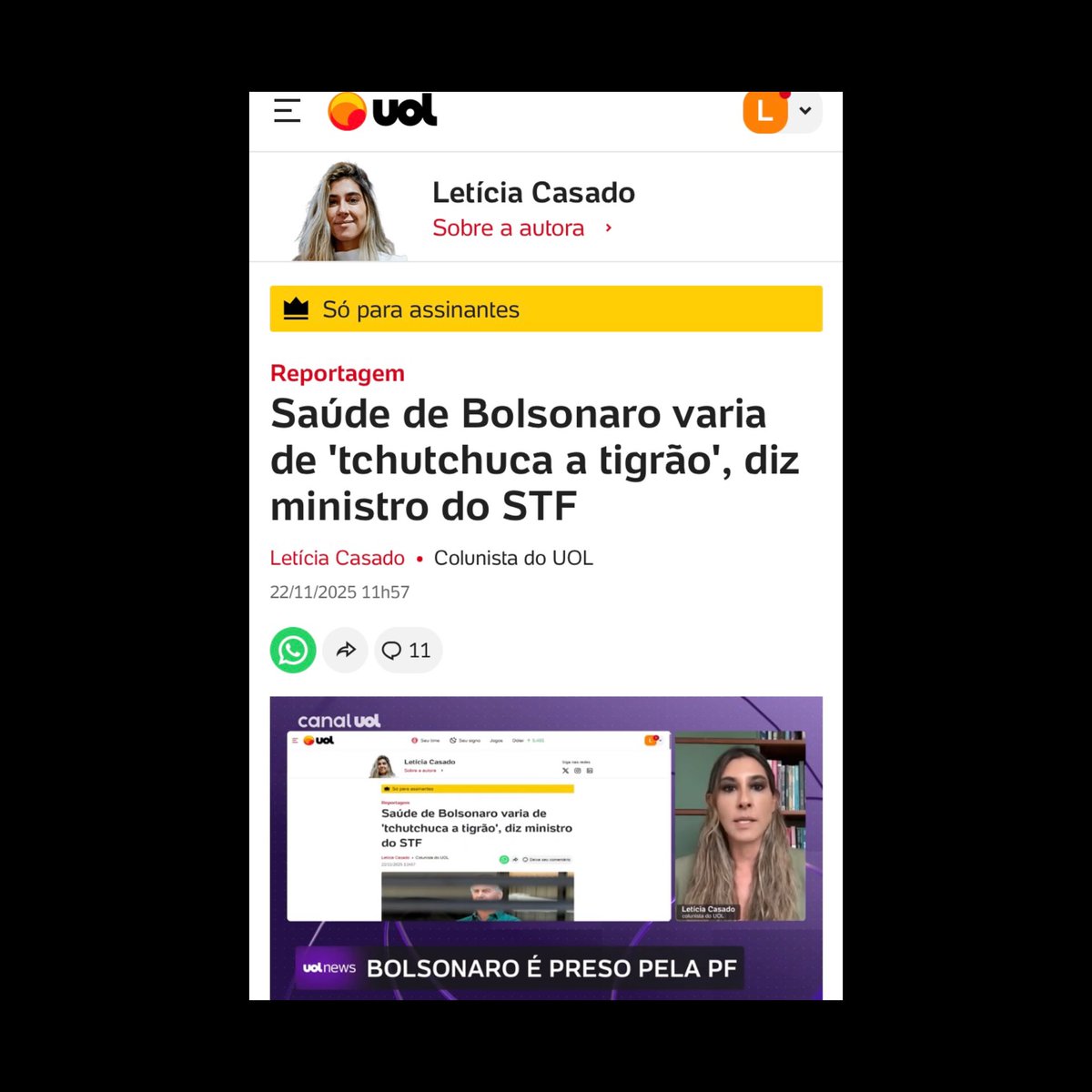 Às vésperas da prisão de Jair Bolsonaro, um ministro STF disse a interlocutores que a saúde do ex-presidente variava de acordo com a necessidade do momento. 
“Uma hora é tchutchuca, outra hora é tigrão”, afirmou

youtu.be/JmJABJeUR1s?si…