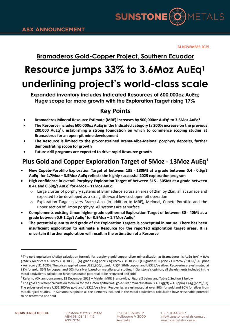 SunstoneMetals's tweet photo. Bramaderos resource jumps 33% to 3.6Moz AuEq 

https://t.co/S5YlZ7nZMf

❶ MRE includes 600,000oz AuEq in the Indicated category (a 200% increase)
❷ Total Bramaderos Gold and Copper Exploration Target now 5Moz - 13Moz AuEq

$STM #gold #copper #silver https://t.co/irep8aEXr4