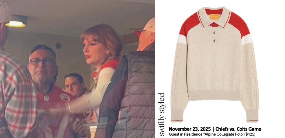 theswiftedit's tweet image. Taylor celebrating the Chiefs win today (November 23, 2025)

Wearing:
Guest in Residence ‘Alpine Collegiate Polo’ ($425)

Shop: tinyurl.com/8td23xr6