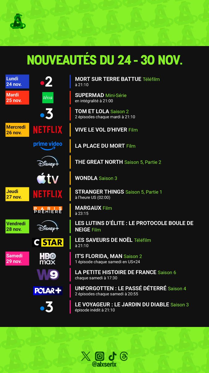 alxserix's tweet photo. Calendrier des sรฉries et films de la semaine :
โข #SUPERmad S1
โข #TomEtLola S2
โข #ViveLeVolDhiver
โข #LaPlaceDuMort
โข #TheGreatNorth S5, P2
โข #WondLa S3
โข #StrangerThings S5, P1
โข #Margaux
โข #ItsFloridaMan S2
โข #Unforgotten : le passรฉ dรฉterrรฉ S4
#Series #Films #TV https://t.co/lGHlYLBms2