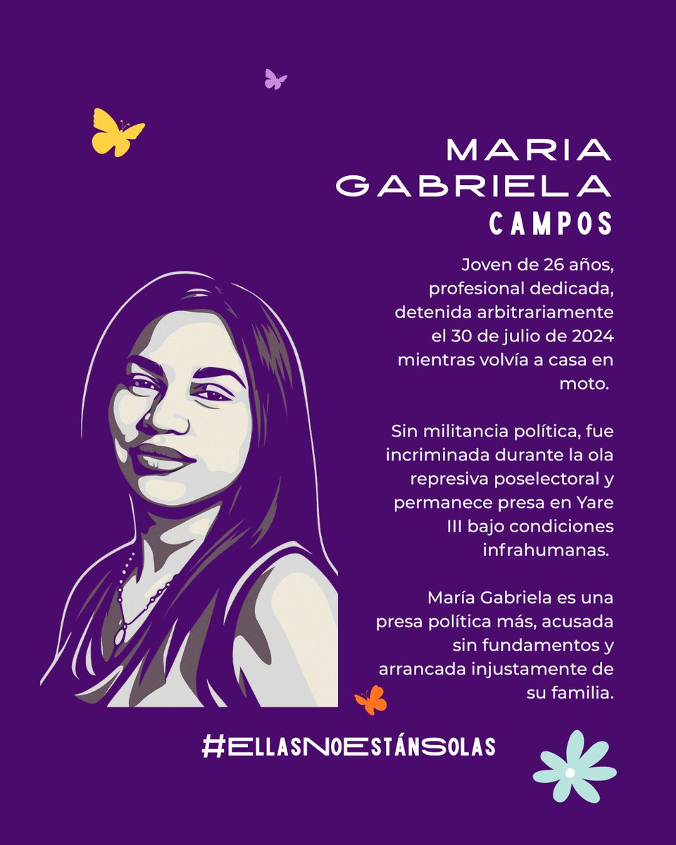 María Gabriela Campos🦋

María Gabriela, joven profesional, fue detenida arbitrariamente el 30J 2024 sin delito alguno.  

#EllasNoEstánSolas