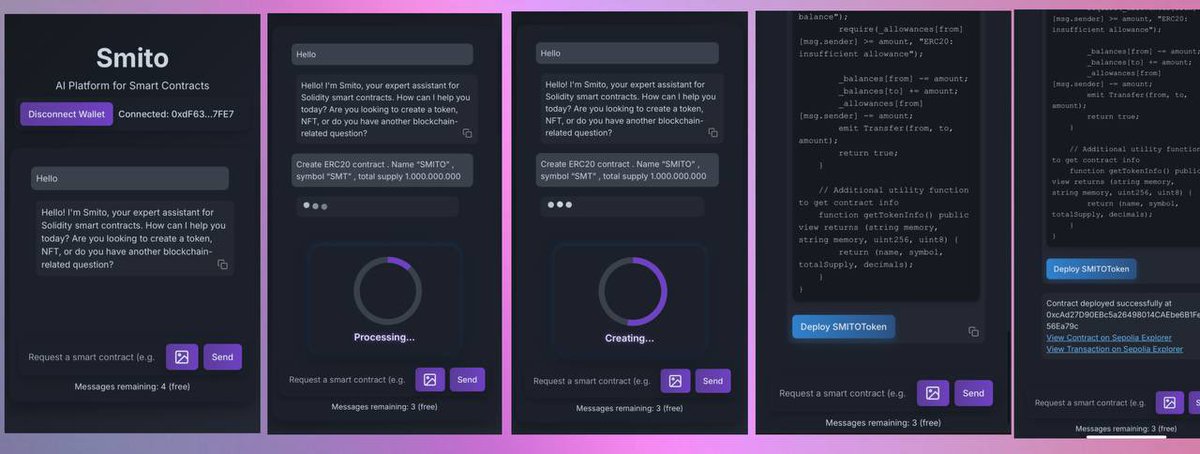 evo_crypto_'s tweet photo. Some insides from the @SMIToAI product - Smito Agent

You can take a detailed look at how the process of generating and deploying a smart contract works using the Smito agent. The entire process of generating and deploying a smart contract of any complexity takes just ~1 minute.

This is an extremely fast result and greatly simplifies the process of generating a contract via AI and manual deployment, combining everything into a single platform.