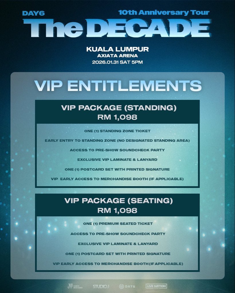 Hi <a href="/livenationmy/">Live Nation Malaysia</a>,

We sincerely urge you guys to revise the VIP entitlements for DAY6 The Decade in KL and ADD more benefits that match the price we have paid. Over RM1k for only lanyard, postcard and soundcheck doesn’t make any sense at all!!!