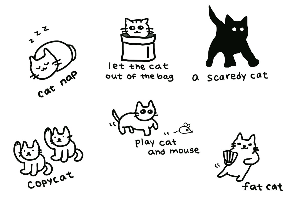 englishcafe225's tweet image. 色々なネコ表現🐈‍⬛

copycat
真似っこ、マネする人
Don’t be a copycat!
真似しないで〜

a scaredy-cat
怖がりさん、ビビり
He’s such a scaredy-cat.
彼ってすごい怖がりだよね

let the cat out of the bag
秘密をうっかりもらす
Who let the cat out of the bag?誰がバラしたの!?

cat nap…