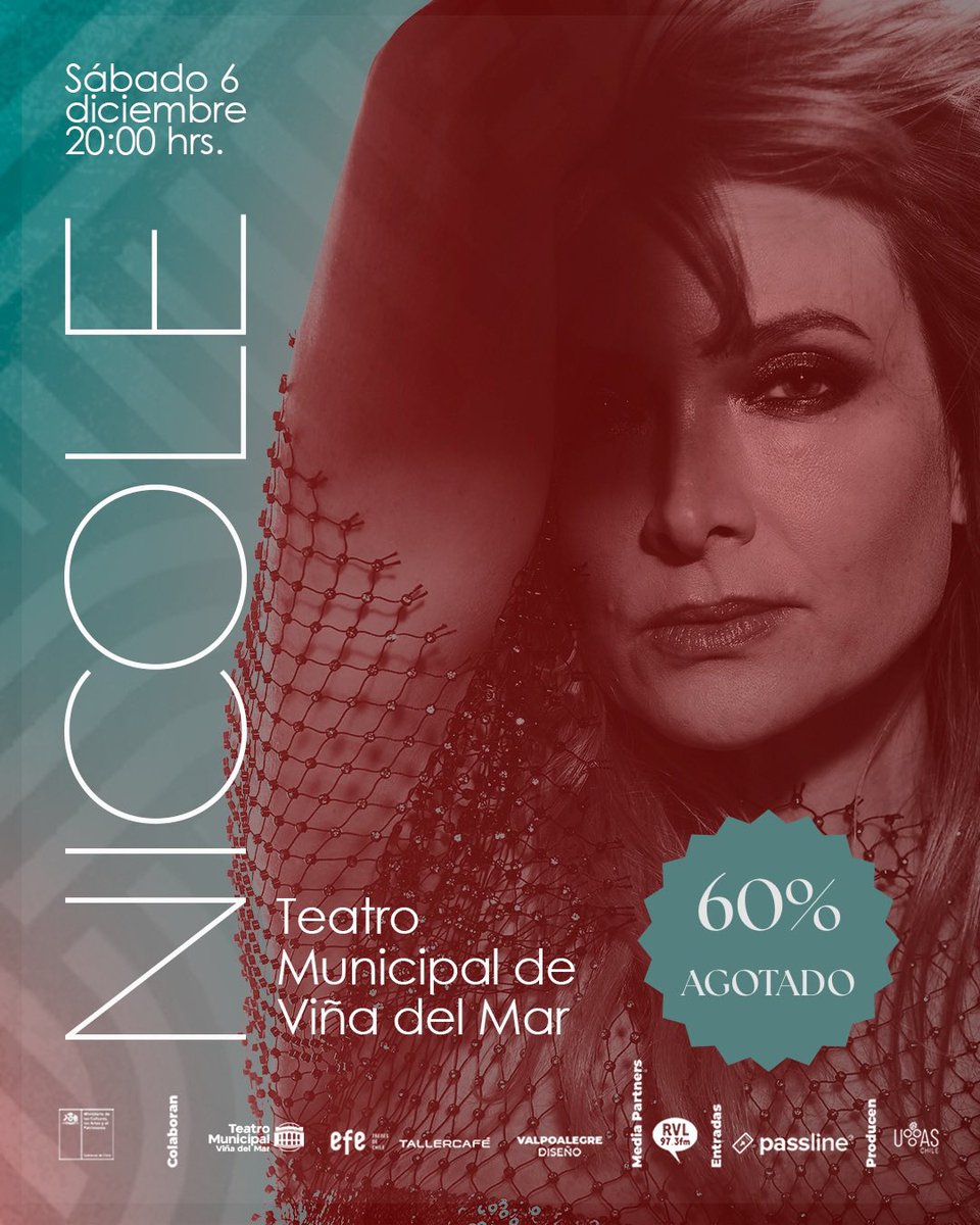 UvasProduccion's tweet image. Nicole en Viña del Mar 
Grandes Éxitos
🚨 60% agotado 🚨

Sábado 6 de diciembre, 20:00 hrs.
Teatro Municipal de Viña del Mar. 

Entradas disponibles en el link 👉🏽 passline.com/eventos/nicole… 
Y por sistema @passline_oficial 

@nicolemusica @efevalparaiso @visitavina
