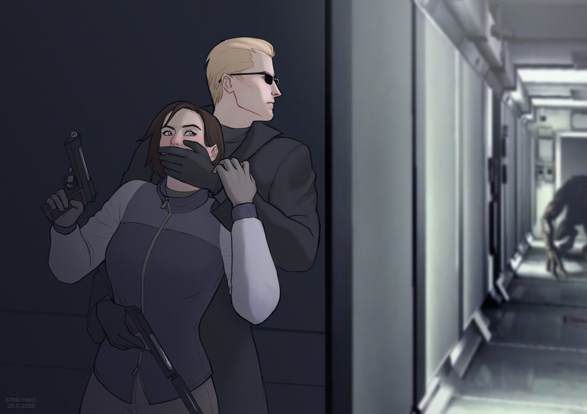 steklywko_w's tweet image. Давненько хотела нарисовать их в период действия главы «Umbrella&apos;s End»

#ResidentEvil 
#AlbertWesker #JillValentine 
#weskertine