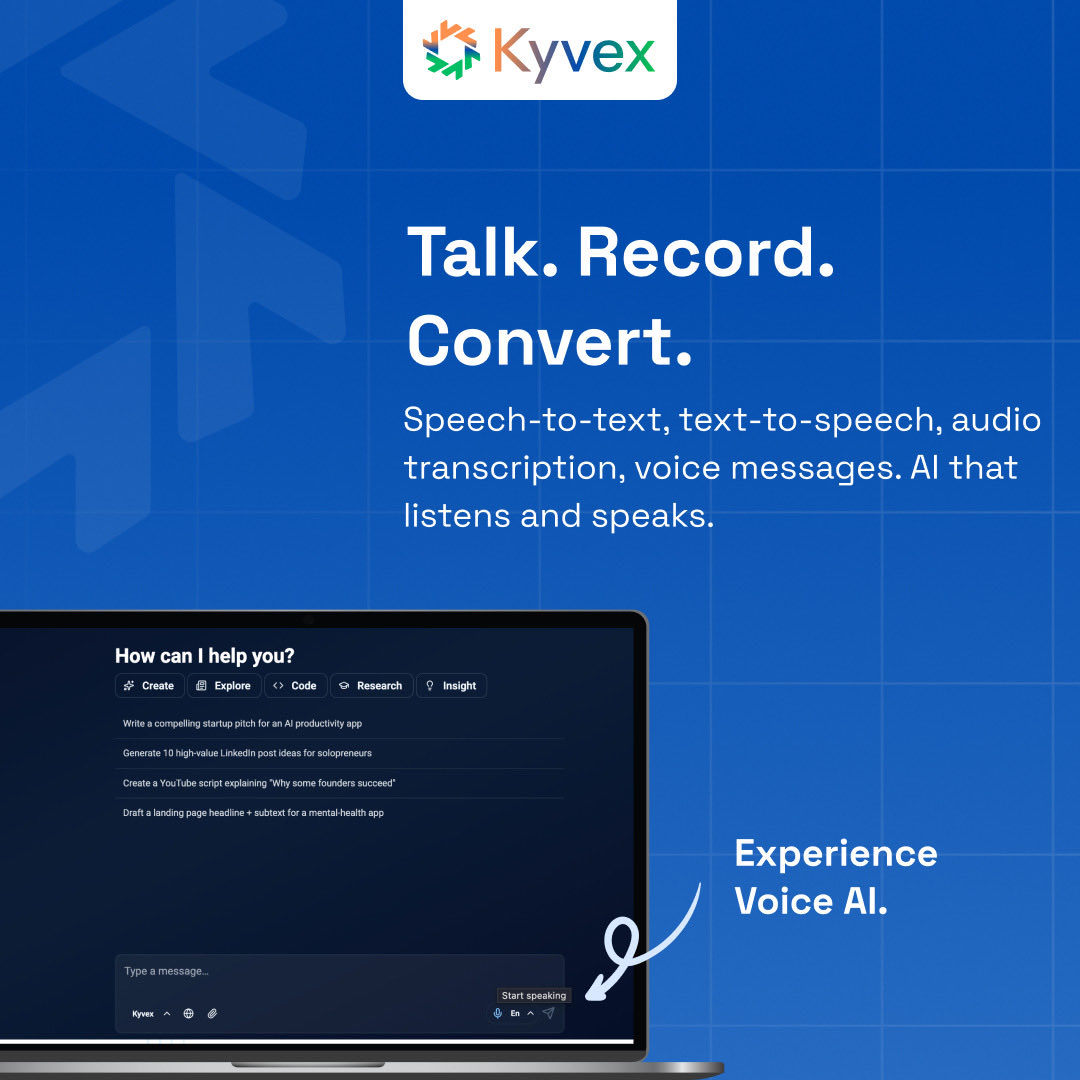 KyvexAI's tweet image. Experience Voice AI like never before with Kyvex! 🗣️
Seamlessly Talk. Record. Convert. your audio with features like:
Speech-to-text 📝
Text-to-speech 🔊
Audio transcription 🎧
Smart voice messages 💬
AI that truly listens and speaks. ✨
#Kyvex #VoiceAI #SpeechtoText #AIaudio…