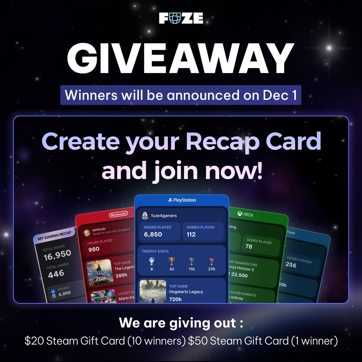 fuze4gamers's tweet image. 🎉 FUZE All-Time Recap #Giveaway  Event!
We’re giving away Steam Gift Cards to Gamers!

To enter:
🃏Create your FUZE Recap Card (recap.fuze.io)
❤️Like &amp;amp; Share this post
👋Follow @fuze4gamers
💬Comment with your recap cards!

We will pick a winner Dec 1. GOOD LUCK!