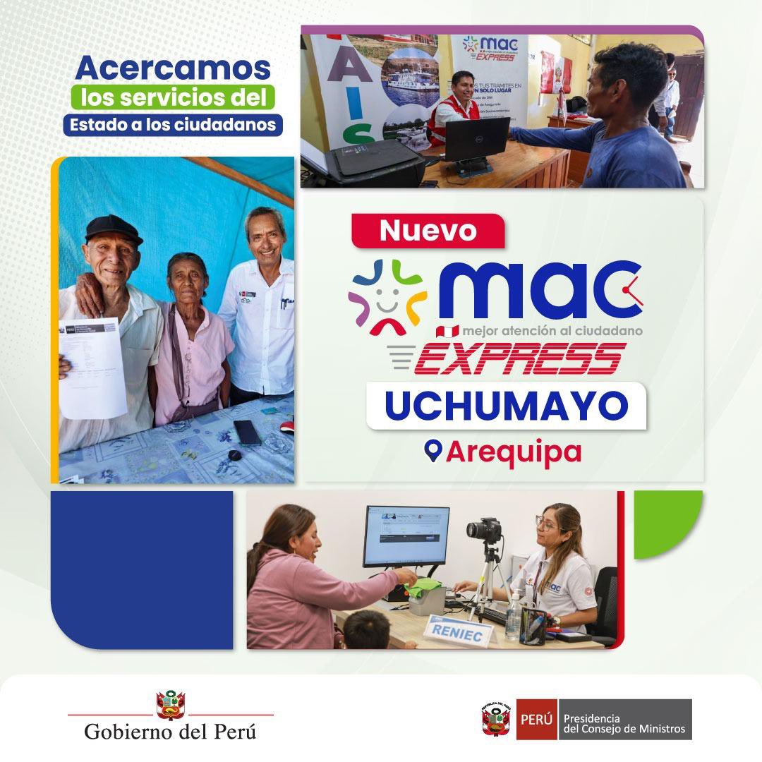 pcmperu's tweet photo. 🎉 ¡MAC Express llegó a Uchumayo, Arequipa! 🎉
Desde la PCM seguimos acercando los servicios del Estado a más peruanos. Con MAC Express, tus gestiones son más rápidas, accesibles y en un solo lugar, para que tus trámites sean una experiencia simple y cercana.

Además, contamos con más de 80 servicios, incluyendo @SunarpOficial, @MigracionesPe, @EsSaludPeru, @SISPeruOficial, @ReniecPeru, entre otros, para atenderte de manera integral.

📍 Municipalidad de Uchumayo, Arequipa
✅ Atención ágil
✅ Trámites y servicios en un solo punto
✅ Más cerca de ti