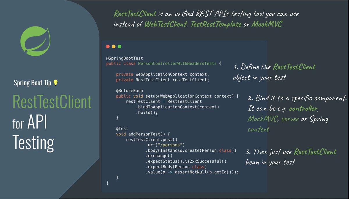 piotr_minkowski's tweet image. Spring Boot Tip 💡🍃

RestTestClient is a new unified REST APIs testing tool you can use instead of `WebTestClient`, `TestRestTemplate` (removed), or `MockMVC`. 👇

#springboot4 #junit #restapi #springboottest