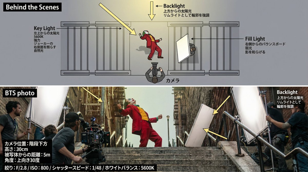 ZetoGroovin's tweet photo. 映画の１シーンから映像制作の参考資料を作る方法

映画のワンシーンをアップロードして、Nano Banana Proに以下のプロンプトを使うだけで、
カメラ位置・照明配置・機材構成・ライトの種類・設定まで
すべてを“BTS（撮影裏）図解”で可視化してくれる。
つまり：
・なぜこのライティングなのか
・どこにカメラがあるのか
・どういう機材セッティングか
が一発で理解できるのが便利！

正しいかはあれですが、一つの参考にはなるかと。
試しにジョーカーの１シーンでやってみました。

プロンプトはel.cineさんの元投稿から日本語ように調整したものを使ってみました👇
Prompt:
以下の映画シーンをもとに、超リアルな「撮影裏（Behind the Scenes）」を生成してください。

・カメラの設置位置、高さ、被写体からの距離、角度を正確に可視化
・使用されているカメラ機種とレンズの種類・焦点距離を明記
・撮影設定（絞り値 / ISO / シャッタースピード / ホワイトバランス）も表示

さらに：
・すべての照明機材の位置を矢印付きで図解
・各ライトの名称・種類・役割（キーライト / フィル / バックライト等）を明示
・ライトの色温度（K）、光量、光の方向も記載
・なぜその配置なのか「意図」も注釈で説明すること
・全て日本語で記載すること

トップビューのライティング図と、リアルな撮影現場風BTSビジュアルの両方を生成し、
映画のライティング設計を学べる教材レベルで表現してください。"
←分析したい１シーン
　　　　　　　　　　　　　　撮影裏情報→